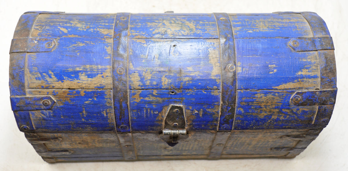 Vintage Wooden Half Round Storage Box Original Old Hand Crafted Rustic Blue