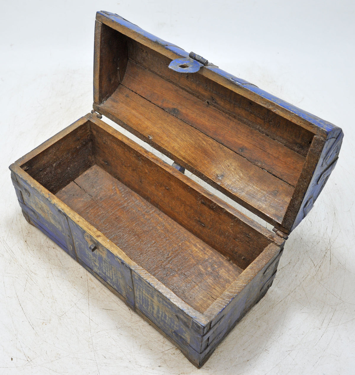 Vintage Wooden Half Round Storage Box Original Old Hand Crafted Rustic Blue