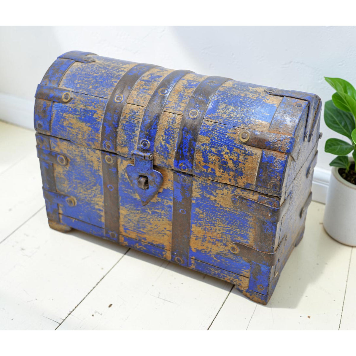 Vintage Wooden Half Round Storage Box Original Old Hand Crafted Rustic Blue