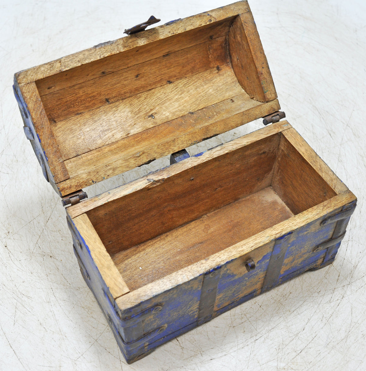 Vintage Wooden Half Round Storage Box Original Old Hand Crafted Rustic Blue