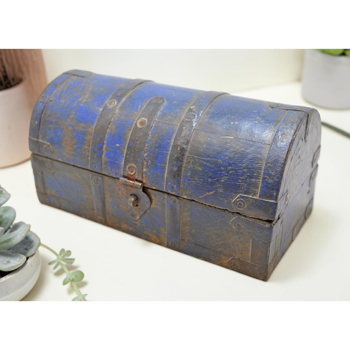 Vintage Wooden Half Round Storage Box Original Old Hand Crafted Rustic Blue