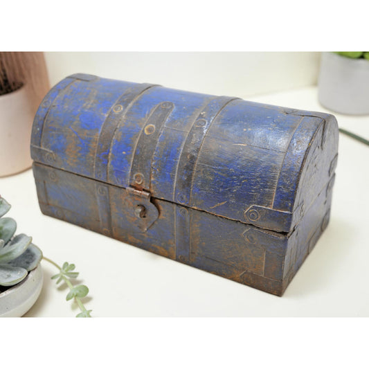 Vintage Wooden Half Round Storage Box Original Old Hand Crafted Rustic Blue