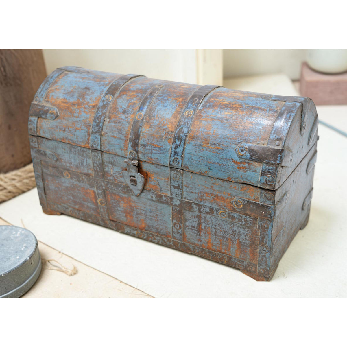 Vintage Wooden Half Round Storage Box Original Old Hand Crafted Rustic Blue