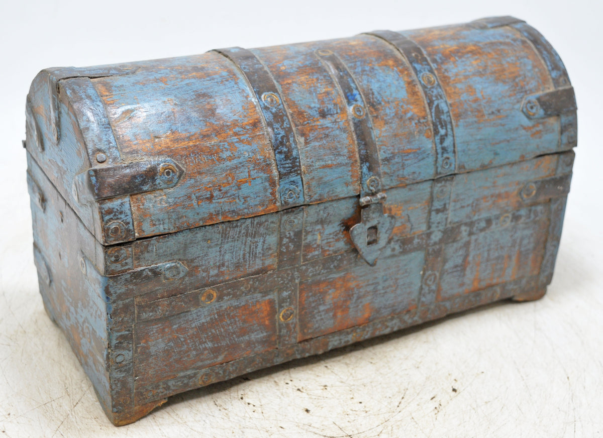 Vintage Wooden Half Round Storage Box Original Old Hand Crafted Rustic Blue