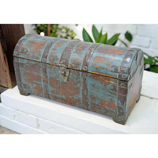 Vintage Wooden Half Round Storage Box Original Old Hand Crafted Rustic Blue