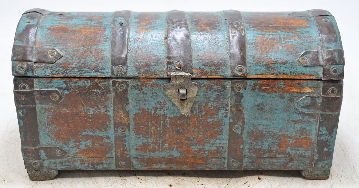 Vintage Wooden Half Round Storage Box Original Old Hand Crafted Rustic Blue