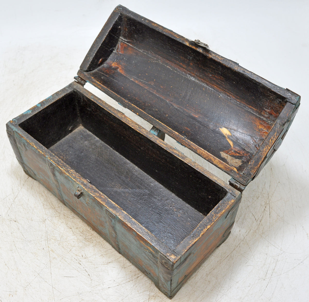 Vintage Wooden Half Round Storage Box Original Old Hand Crafted Rustic Blue