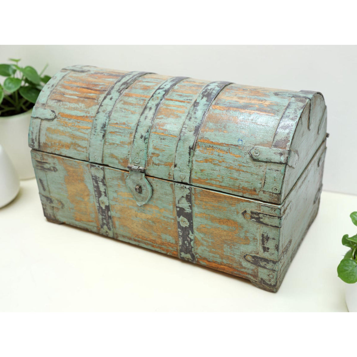 Vintage Wooden Half Round Storage Box Original Old Hand Crafted Rustic Green