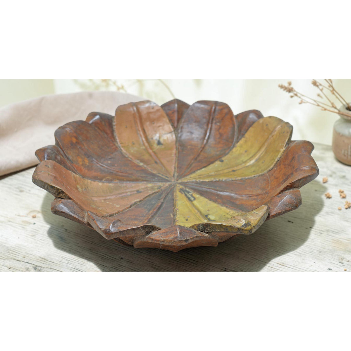 Vintage Wooden Floral Lotus Shaped Bowl Original Old Hand Crafted