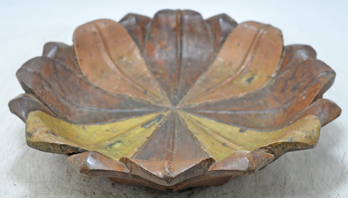 Vintage Wooden Floral Lotus Shaped Bowl Original Old Hand Crafted