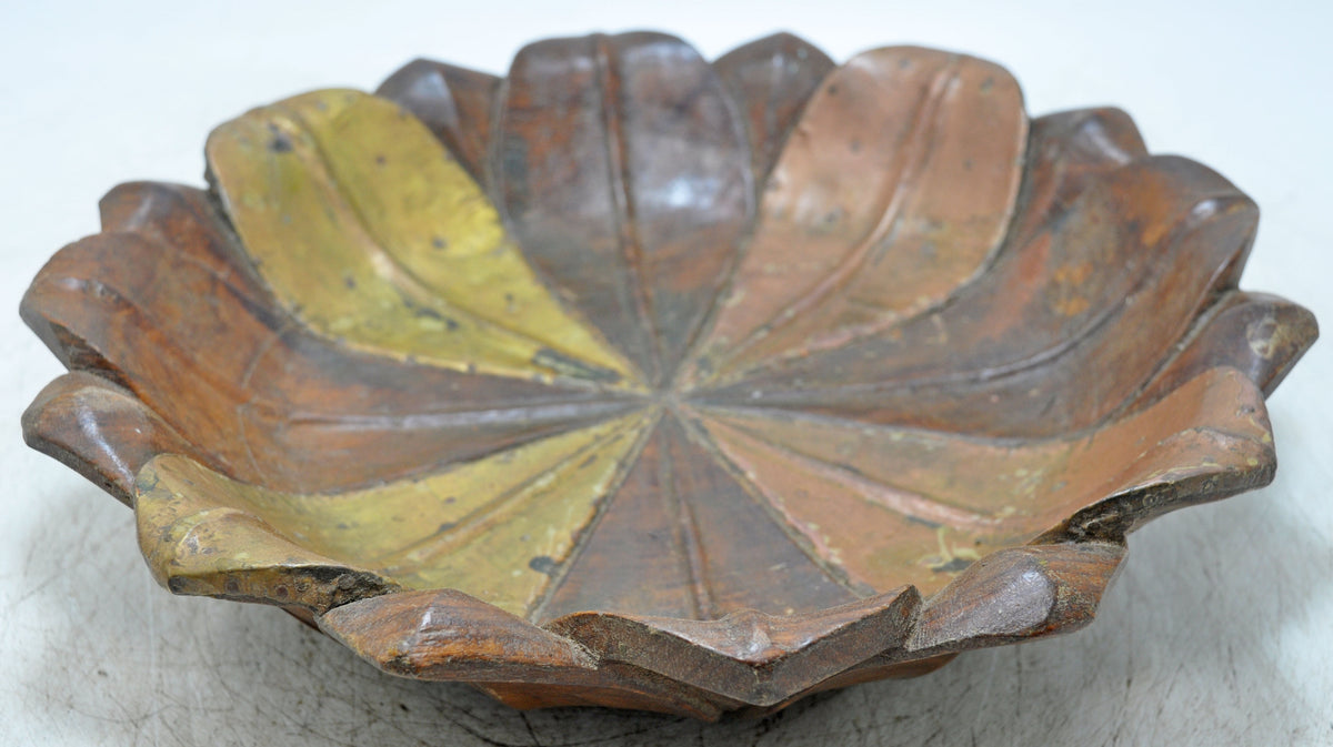 Vintage Wooden Floral Lotus Shaped Bowl Original Old Hand Crafted