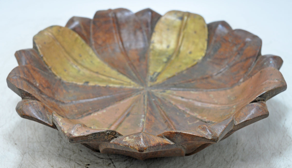 Vintage Wooden Floral Lotus Shaped Bowl Original Old Hand Crafted