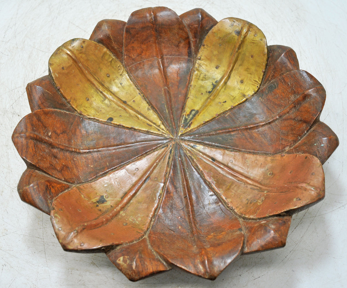 Vintage Wooden Floral Lotus Shaped Bowl Original Old Hand Crafted