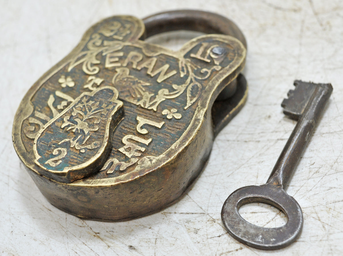 Antique Brass Pad Lock Original Old Hand Crafted Very Fine Engraved