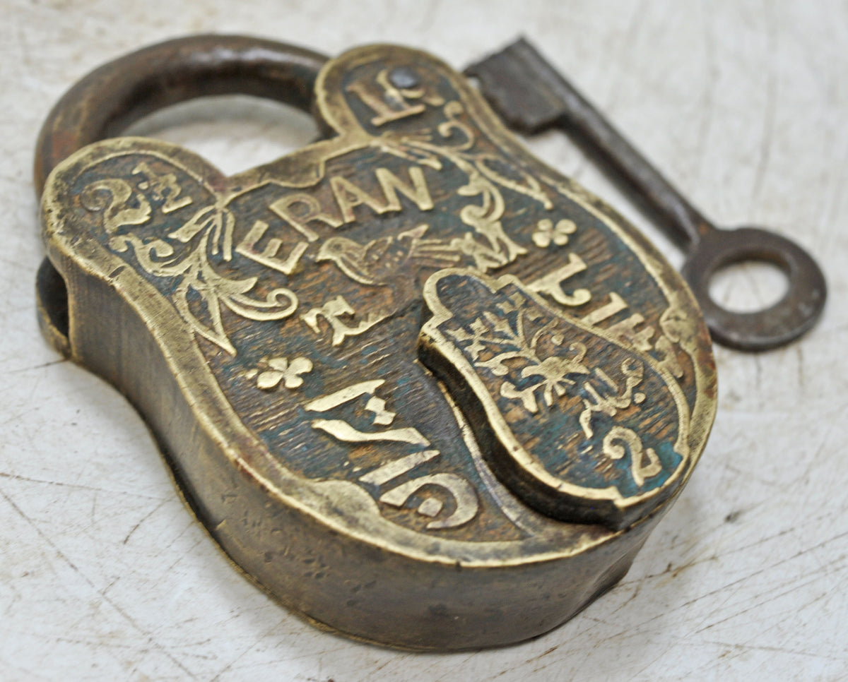 Antique Brass Pad Lock Original Old Hand Crafted Very Fine Engraved