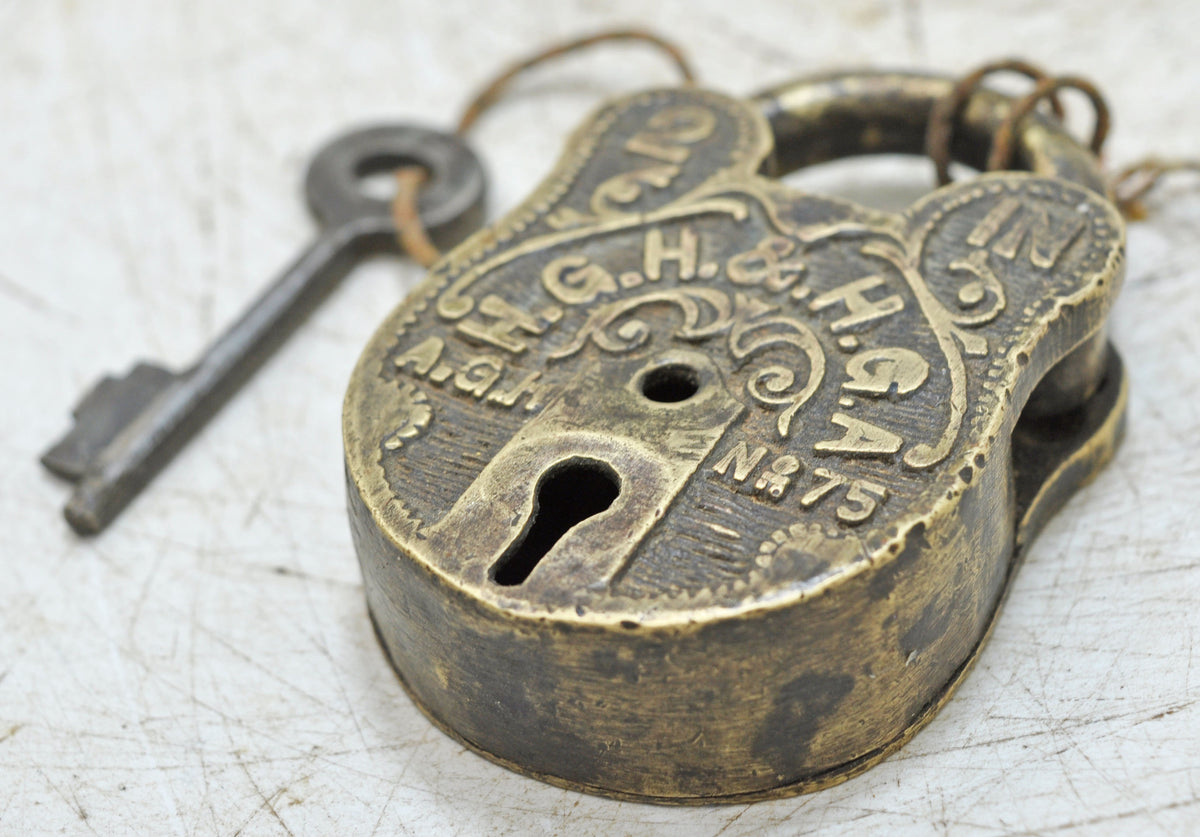 Antique Brass Pad Lock Original Old Hand Crafted Very Fine Engraved