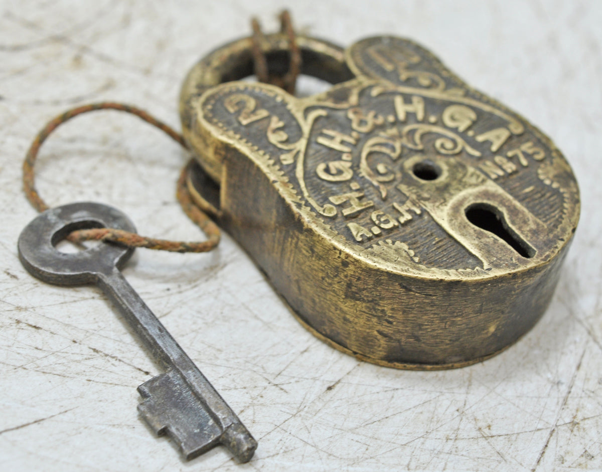 Antique Brass Pad Lock Original Old Hand Crafted Very Fine Engraved
