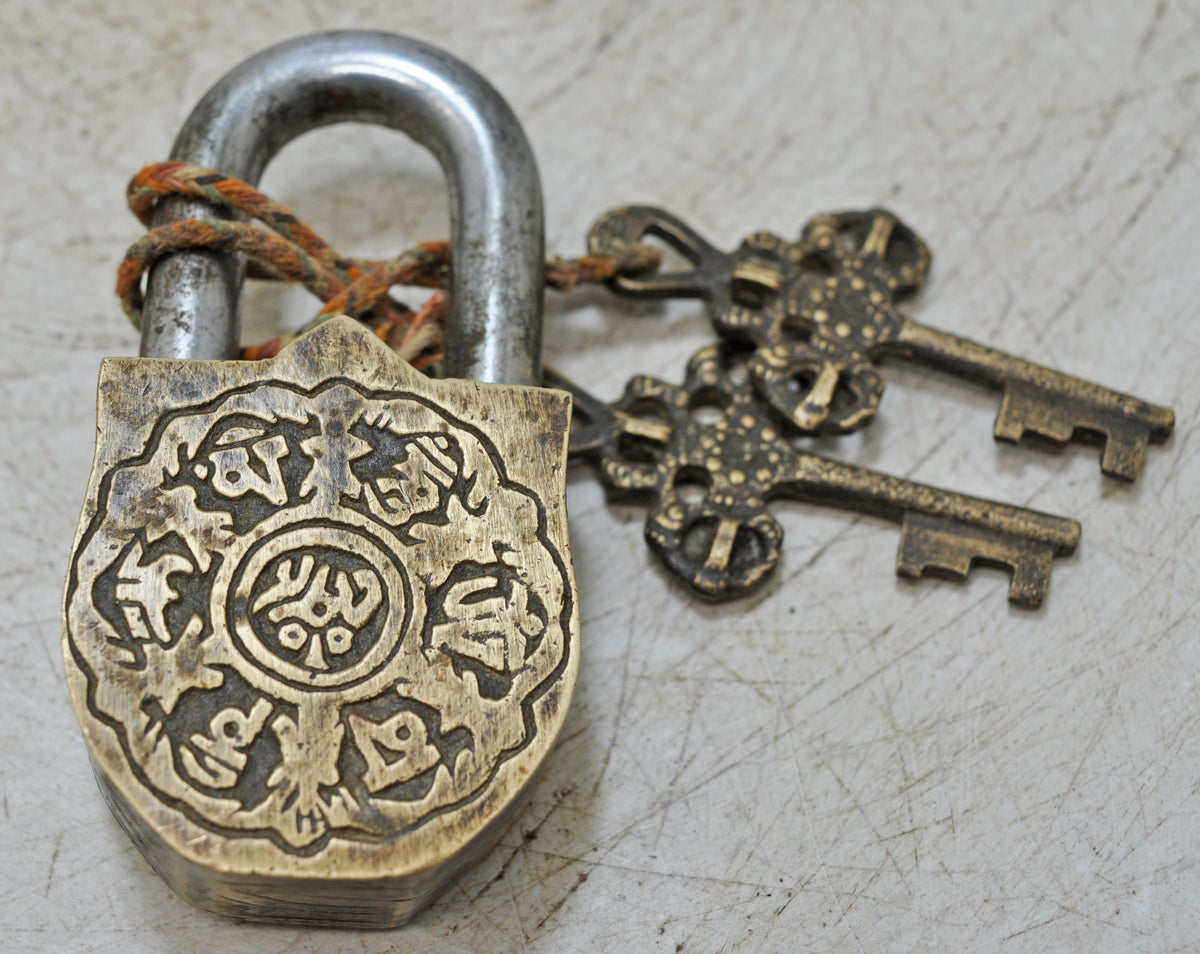 Antique Brass Pad Lock Original Old Hand Crafted Very Fine Engraved