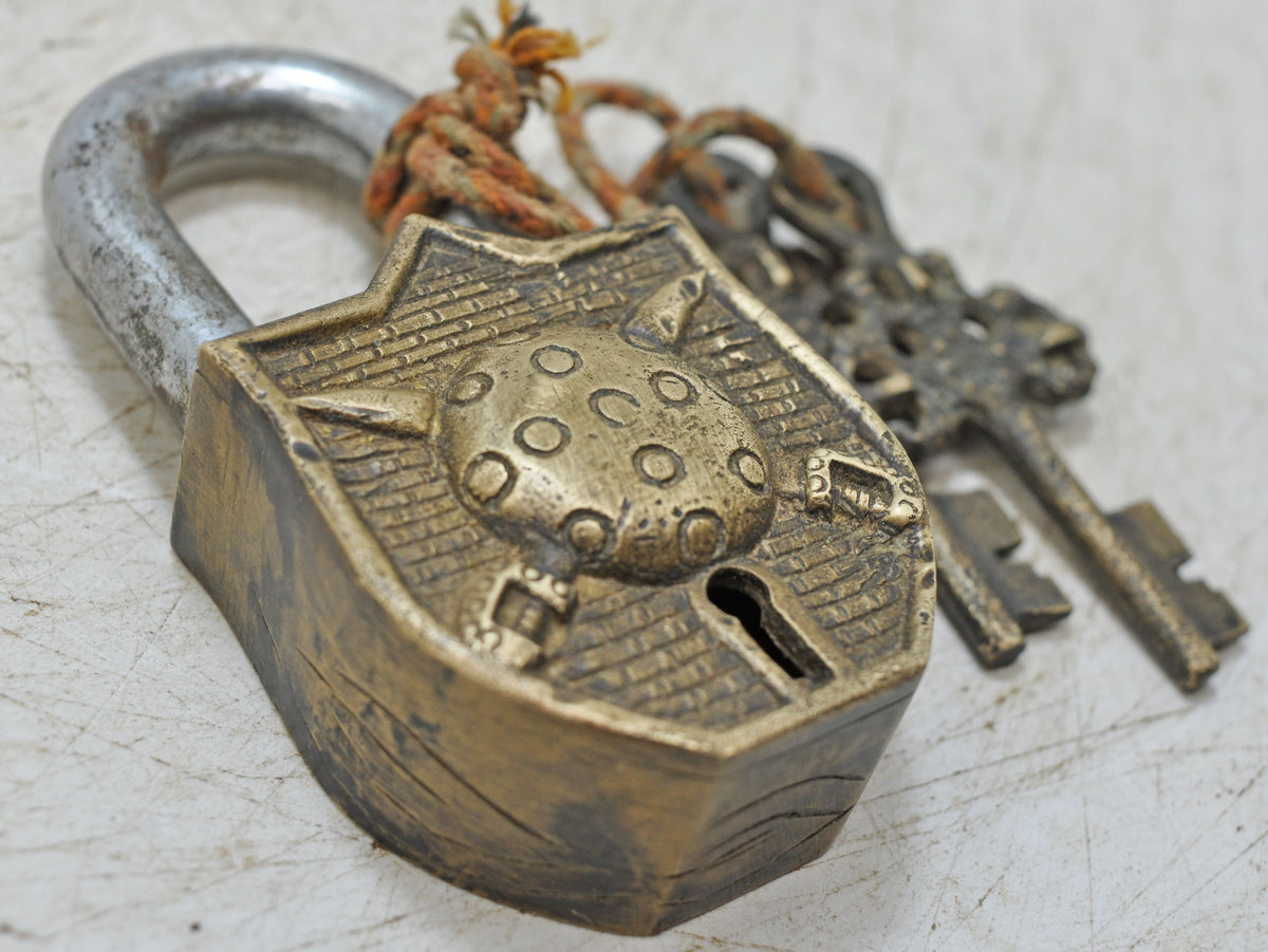 Antique Brass Pad Lock Original Old Hand Crafted Very Fine Engraved