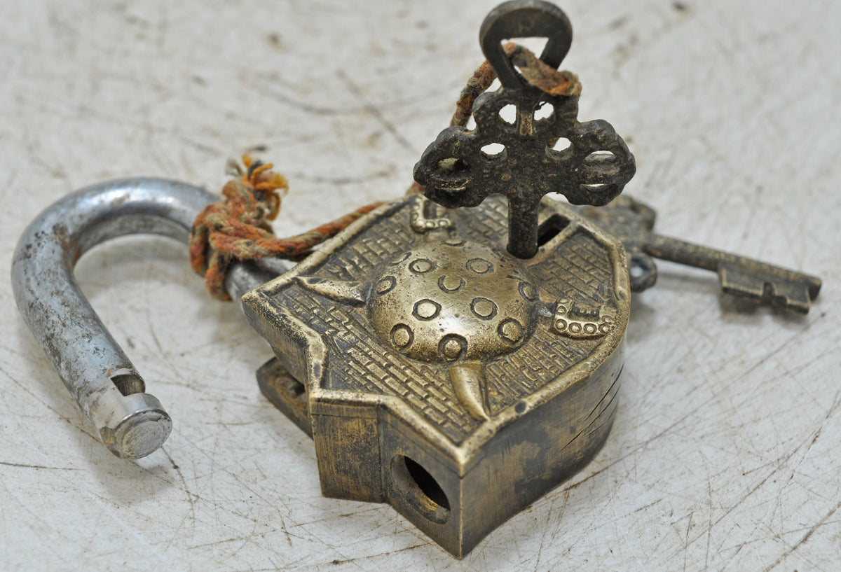 Antique Brass Pad Lock Original Old Hand Crafted Very Fine Engraved