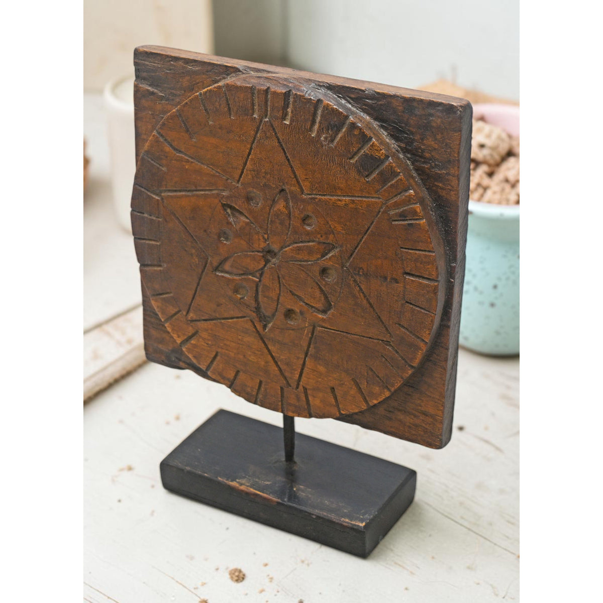 Antique Wooden Floral Carving Panel Plaque on Stand Original Old Hand Carved