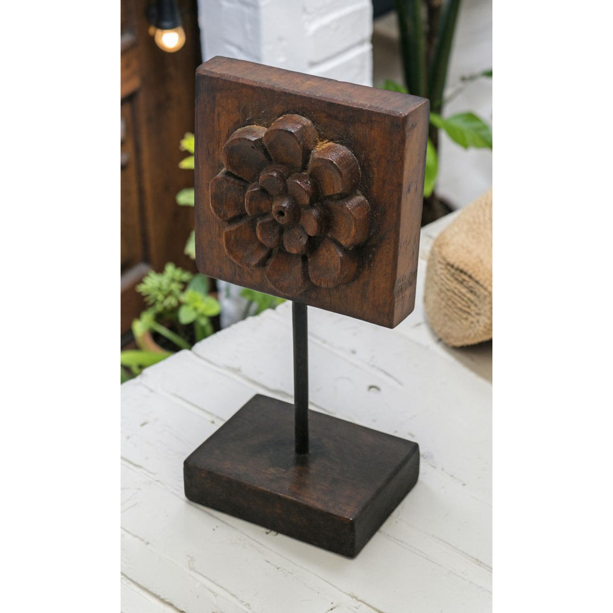Antique Wooden Floral Carving Panel Plaque on Stand Original Old Hand Carved