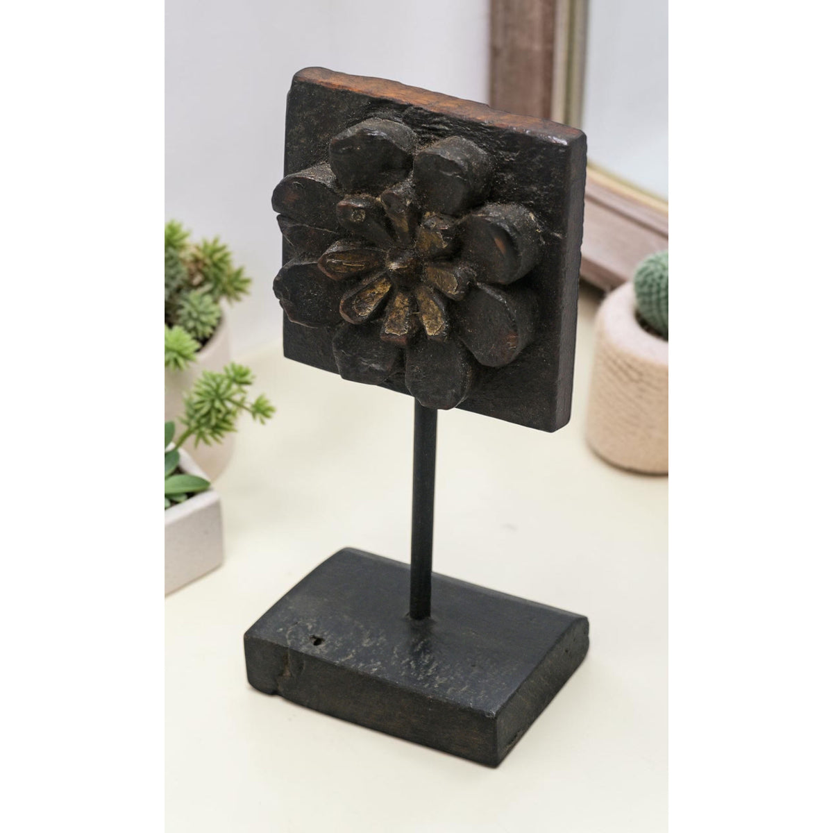 Antique Wooden Floral Carving Panel Plaque on Stand Original Old Hand Carved