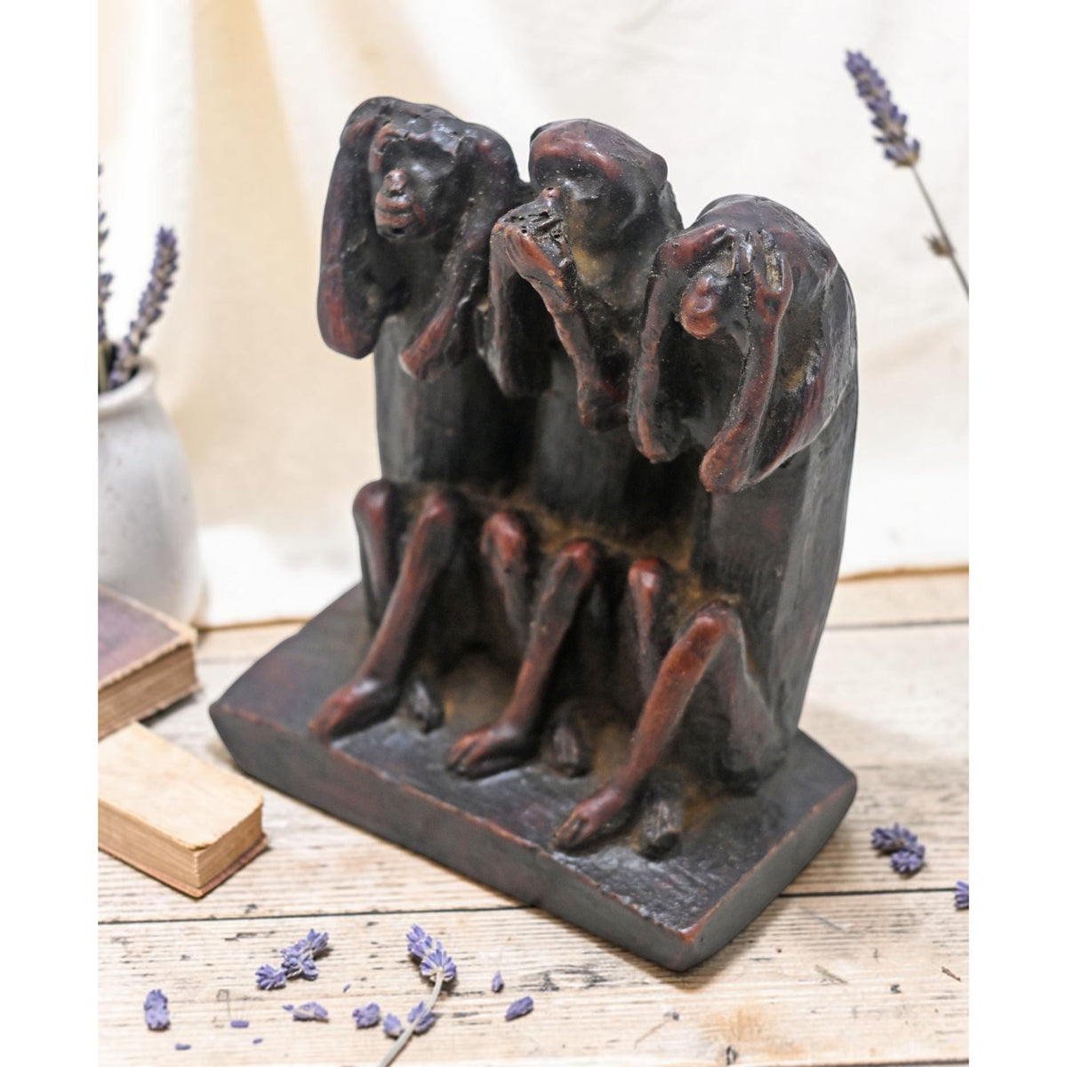 Vintage Wooden 3 Monkeys Figurine Original Old Hand Carved