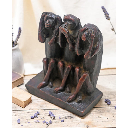 Vintage Wooden 3 Monkeys Figurine Original Old Hand Carved