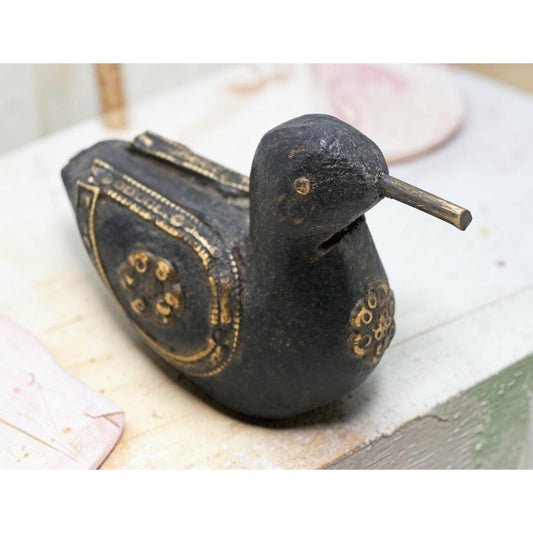 Vintage Wooden Small Duck Figurine Original Old Hand Carved Metal Fitted