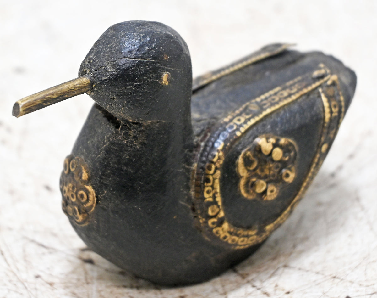 Vintage Wooden Small Duck Figurine Original Old Hand Carved Metal Fitted