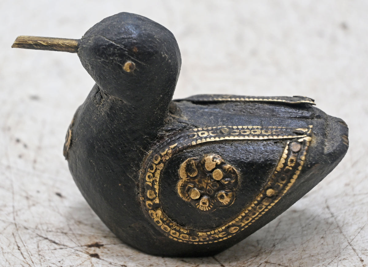 Vintage Wooden Small Duck Figurine Original Old Hand Carved Metal Fitted