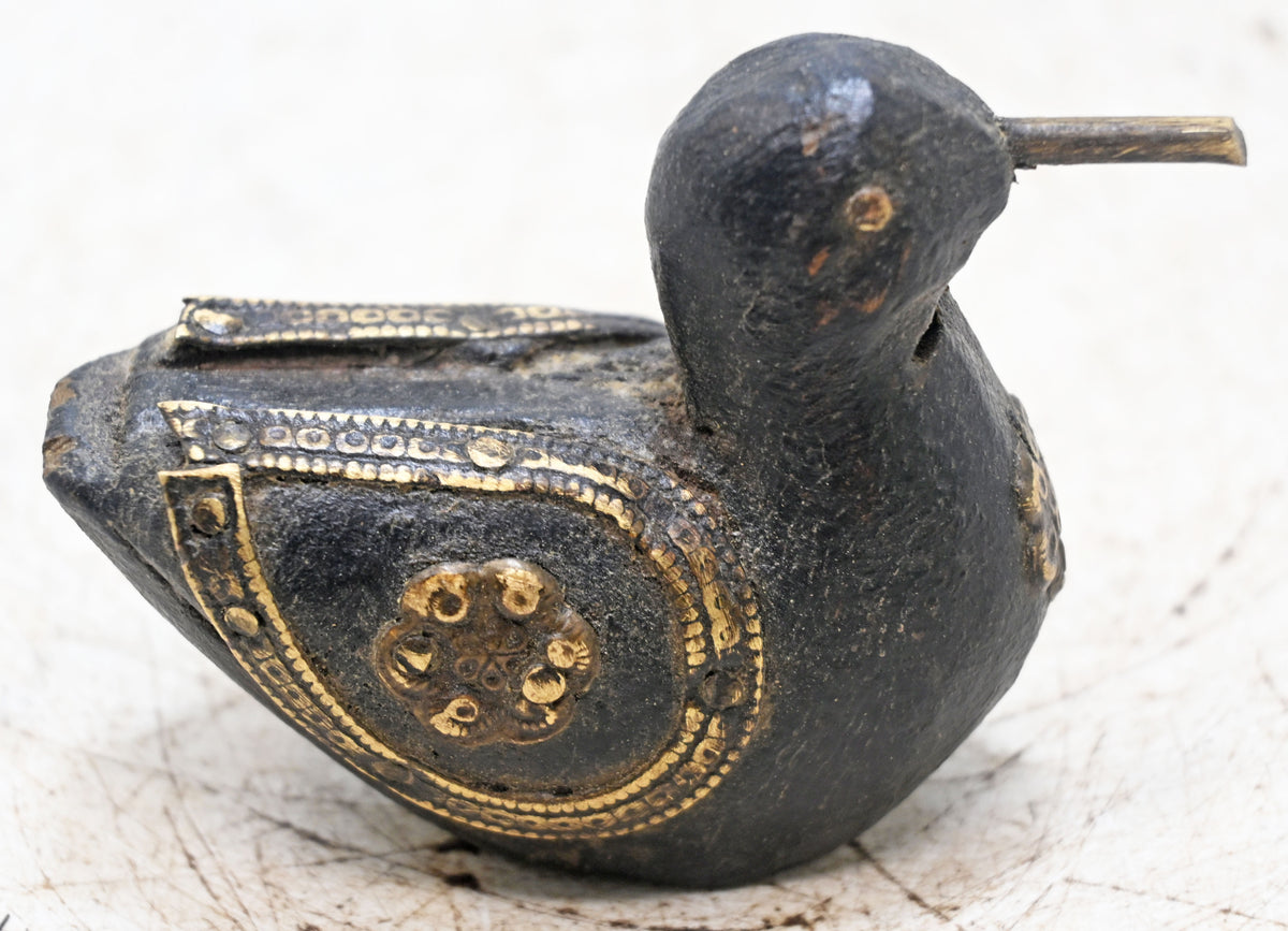 Vintage Wooden Small Duck Figurine Original Old Hand Carved Metal Fitted