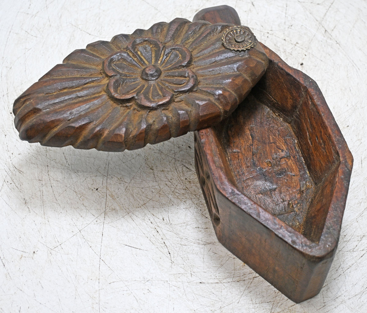 Antique Wooden Kitchenware Spice Box Original Old Hand Carved