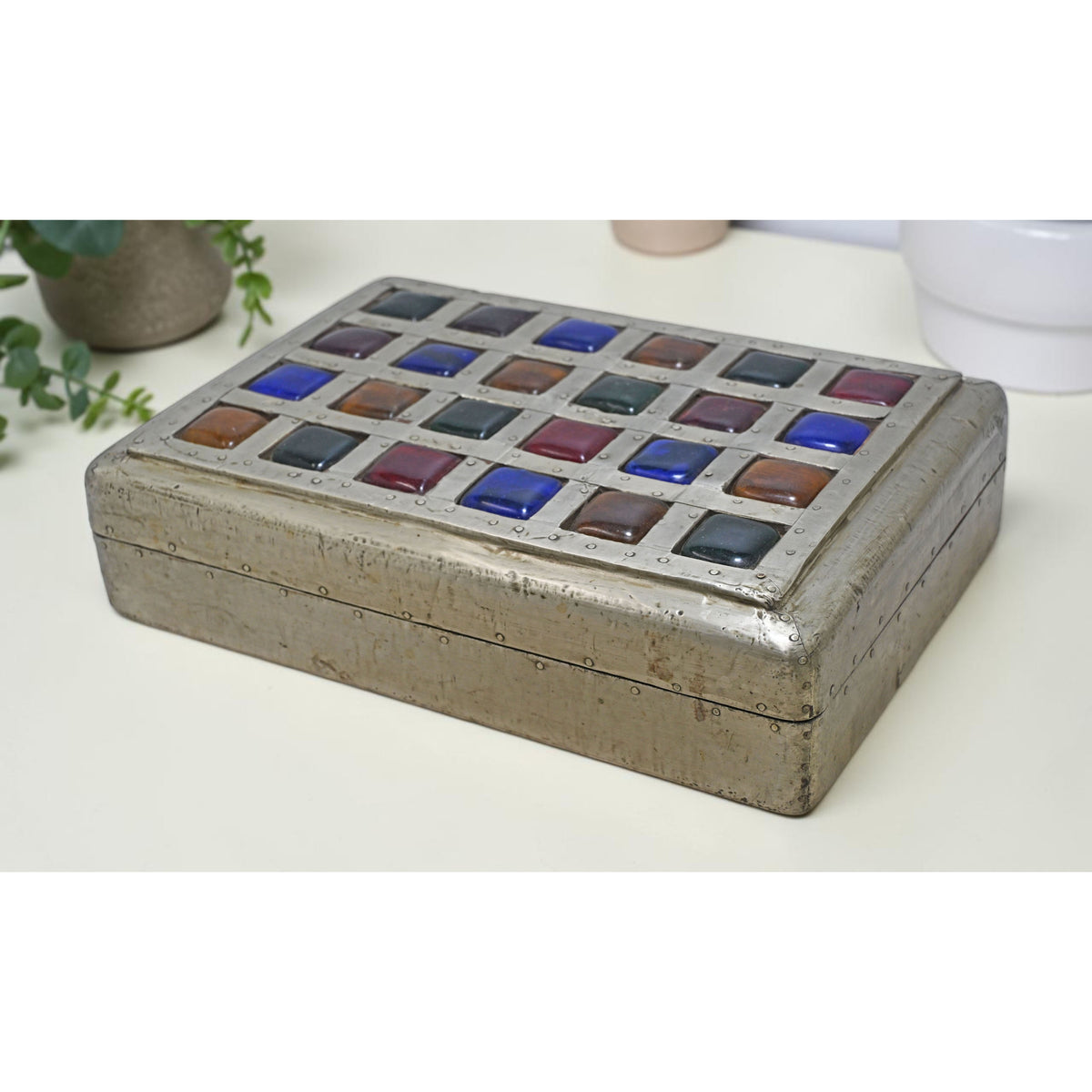 Vintage Wooden Storage Box Original Old Hand Crafted Glass Tiles Top