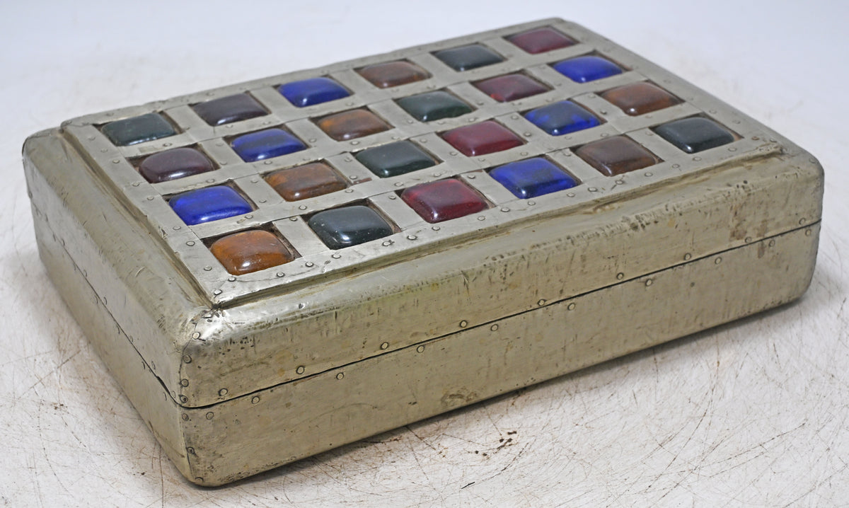 Vintage Wooden Storage Box Original Old Hand Crafted Glass Tiles Top