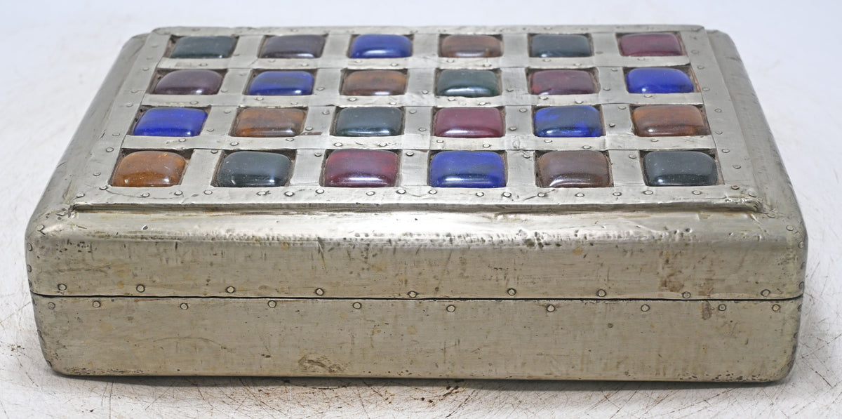 Vintage Wooden Storage Box Original Old Hand Crafted Glass Tiles Top