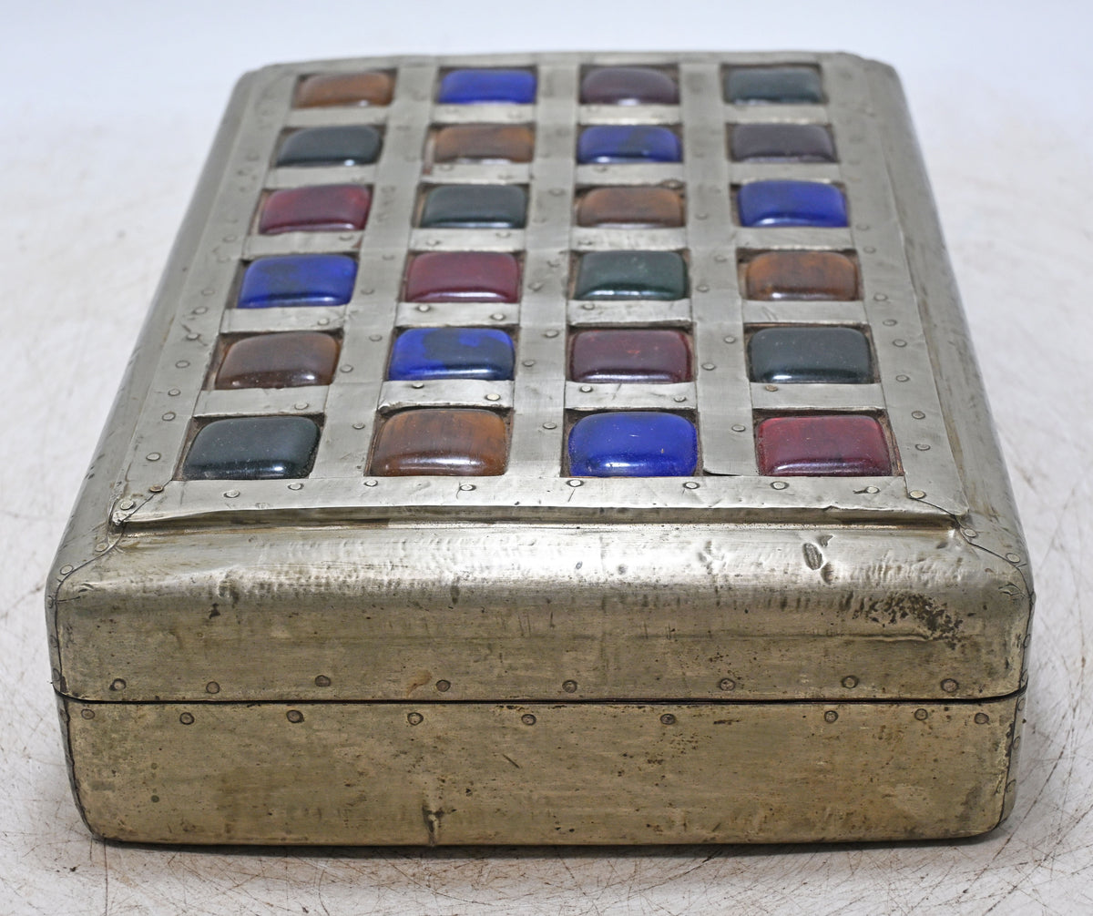 Vintage Wooden Storage Box Original Old Hand Crafted Glass Tiles Top