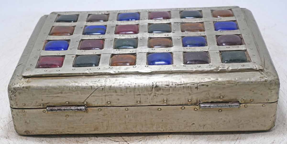 Vintage Wooden Storage Box Original Old Hand Crafted Glass Tiles Top