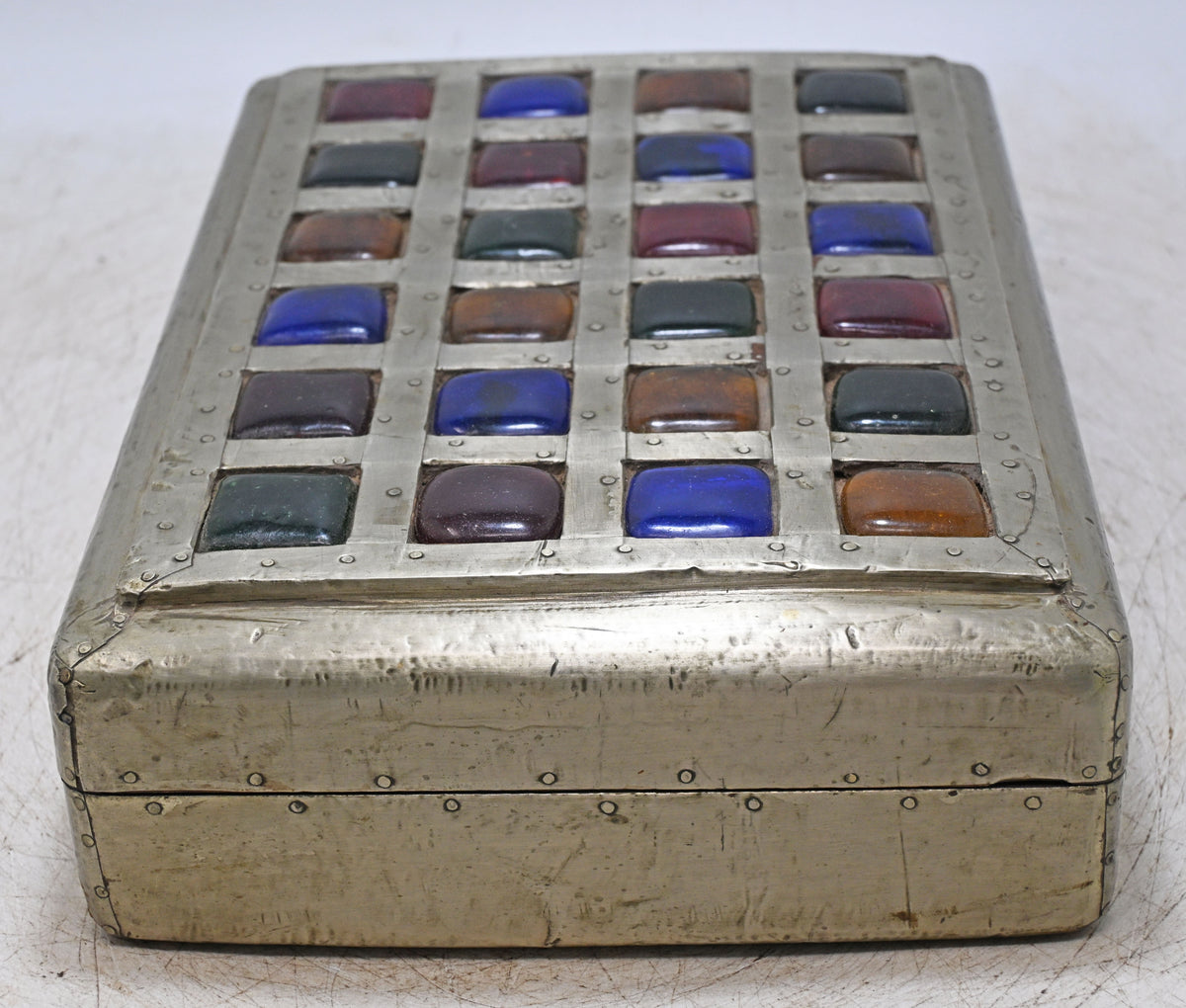 Vintage Wooden Storage Box Original Old Hand Crafted Glass Tiles Top