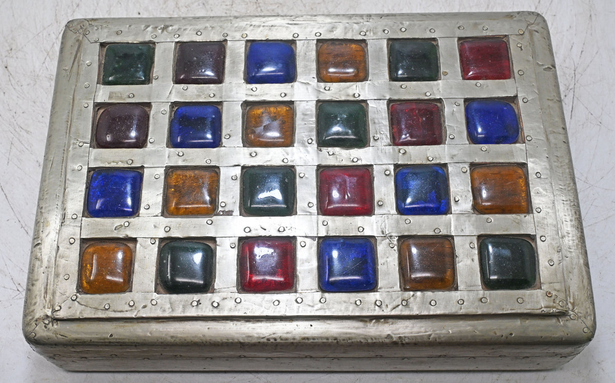 Vintage Wooden Storage Box Original Old Hand Crafted Glass Tiles Top