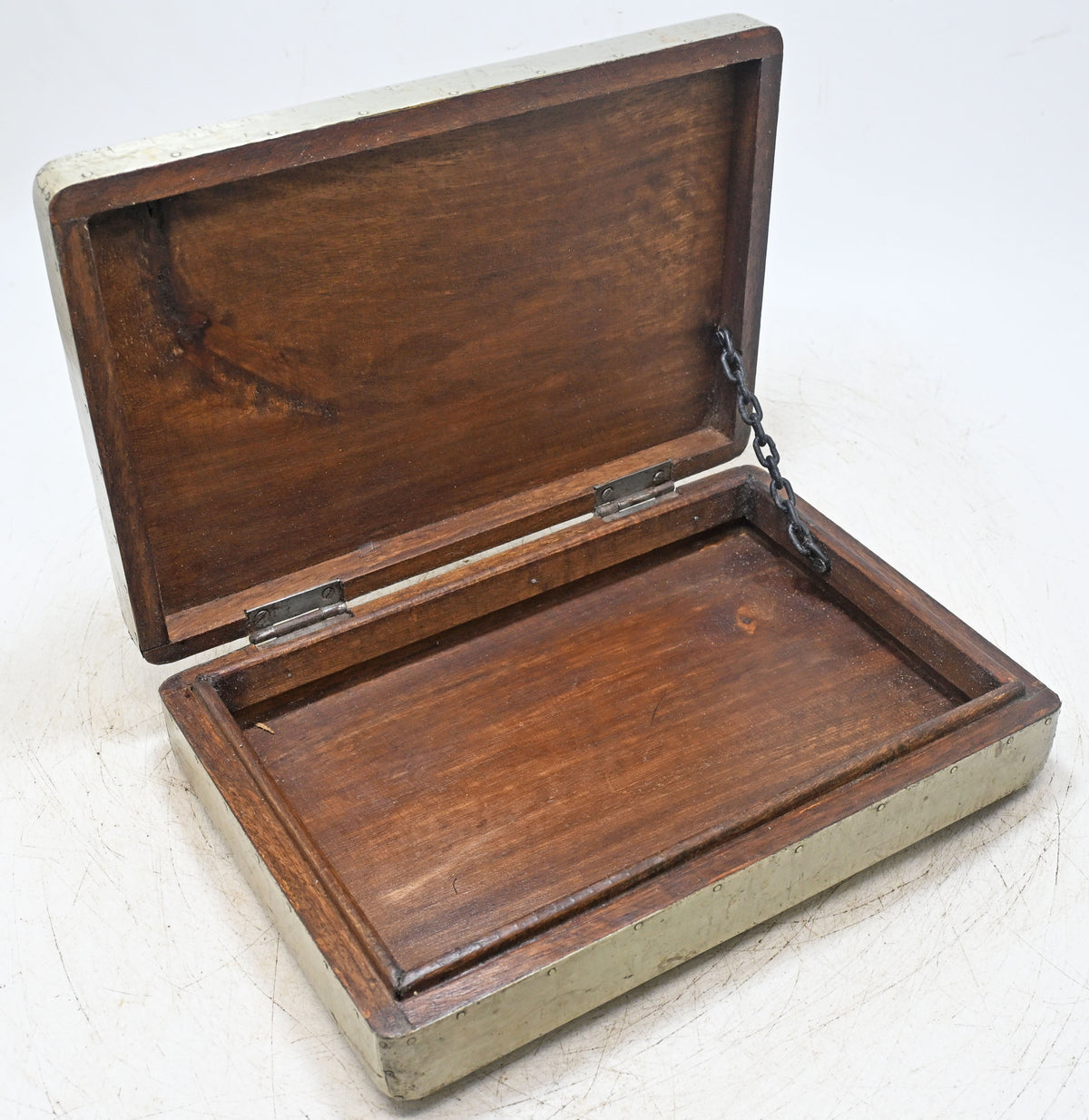 Vintage Wooden Storage Box Original Old Hand Crafted Glass Tiles Top