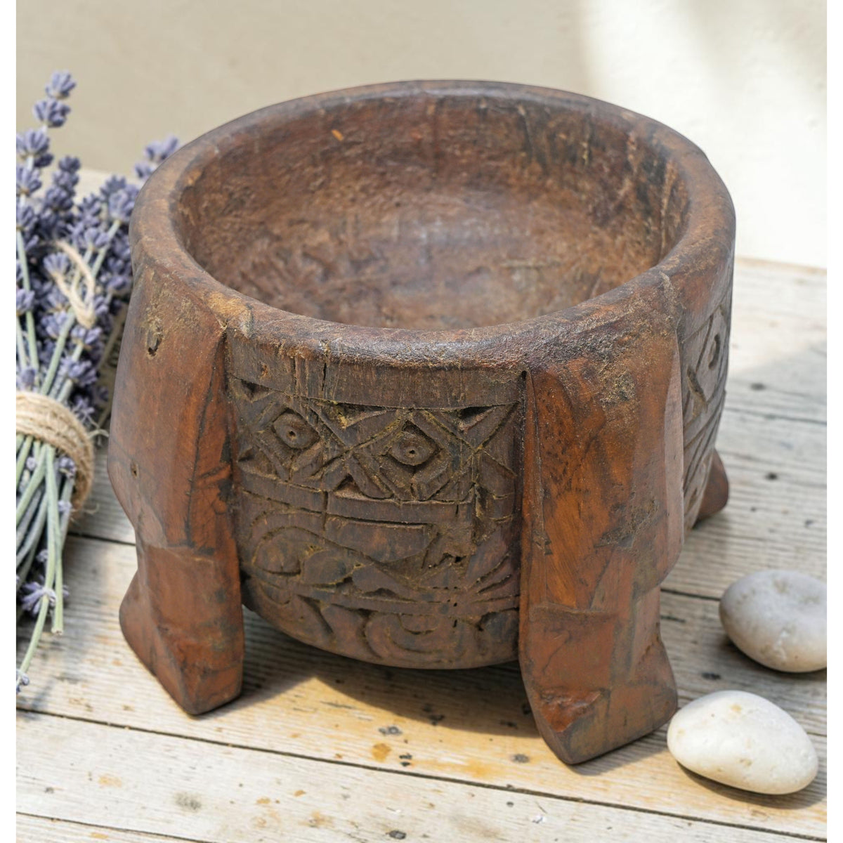 Antique Wooden Kitchenware Round Spice Salt Bowl Original Old Hand Carved