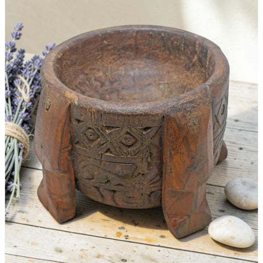 Antique Wooden Kitchenware Round Spice Salt Bowl Original Old Hand Carved