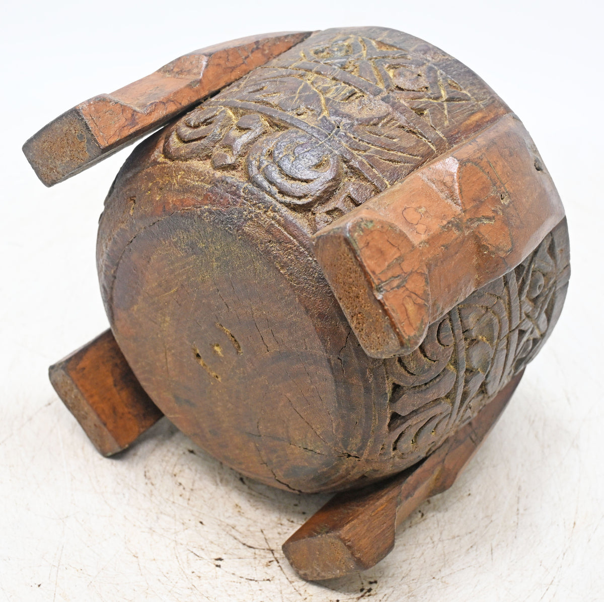Antique Wooden Kitchenware Round Spice Salt Bowl Original Old Hand Carved