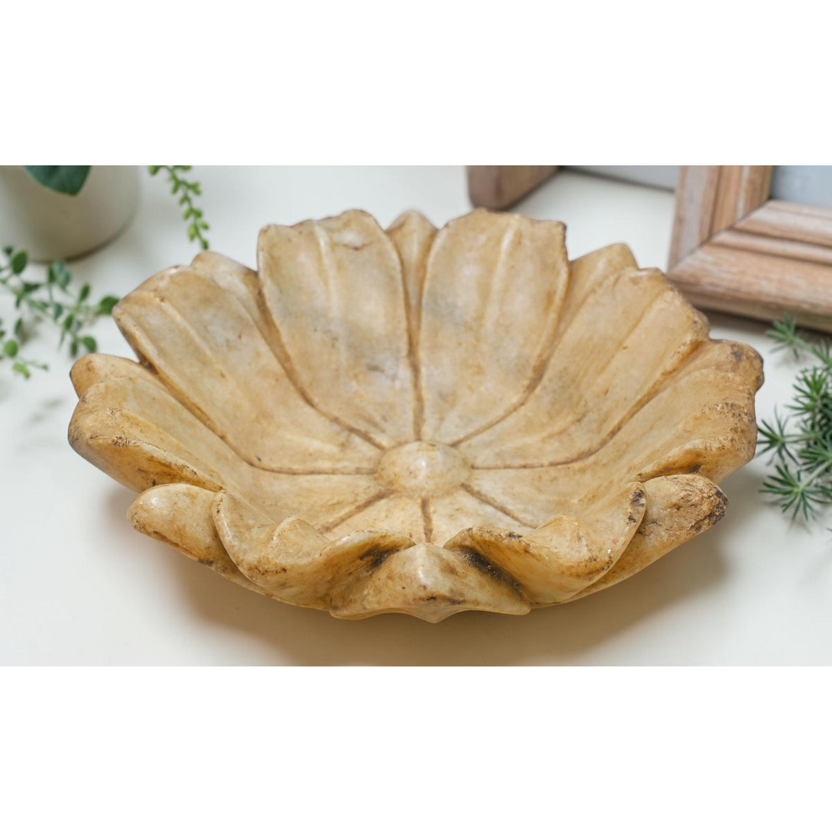 Vintage White Marble Floral Bowl Original Old Fine Hand Carved