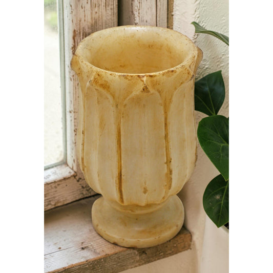 Vintage White Marble Round Pot Original Old Floral Design Fine Hand Carved
