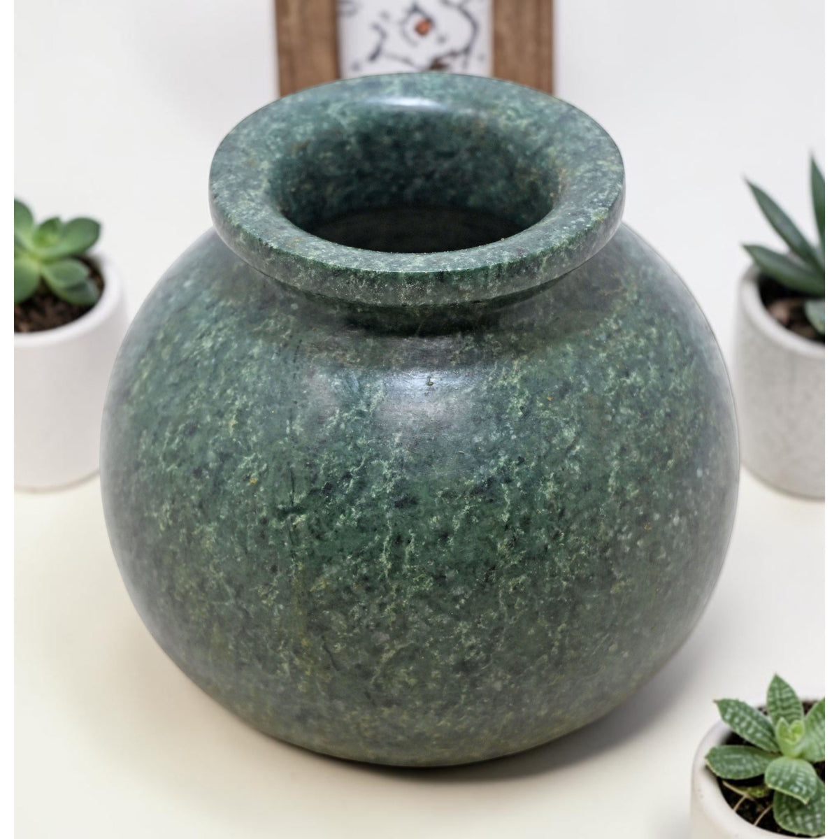 Vintage Green Stone Round Pot Original Old Fine Hand Carved