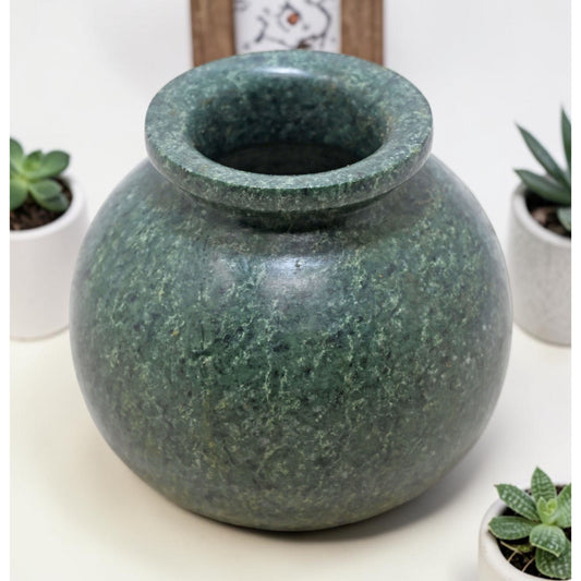 Vintage Green Stone Round Pot Original Old Fine Hand Carved