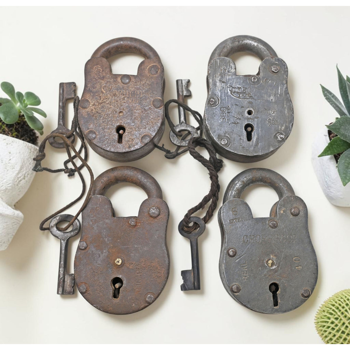 Lot of 4 Vintage Iron Lever System Pad Locks Original Old Hand Crafted